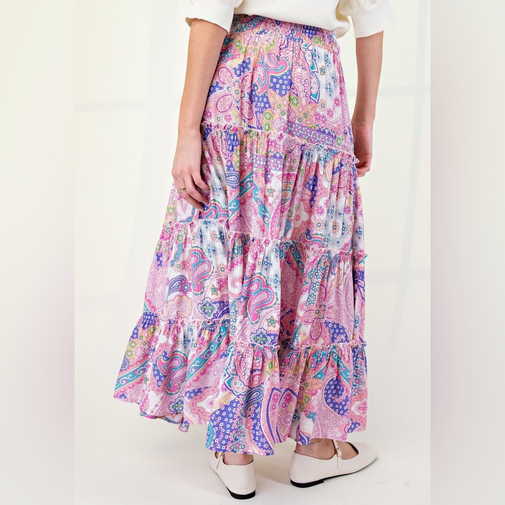 #94 easel Pink Paisley Tiered Maxi Skirt - Picture 3 of 3